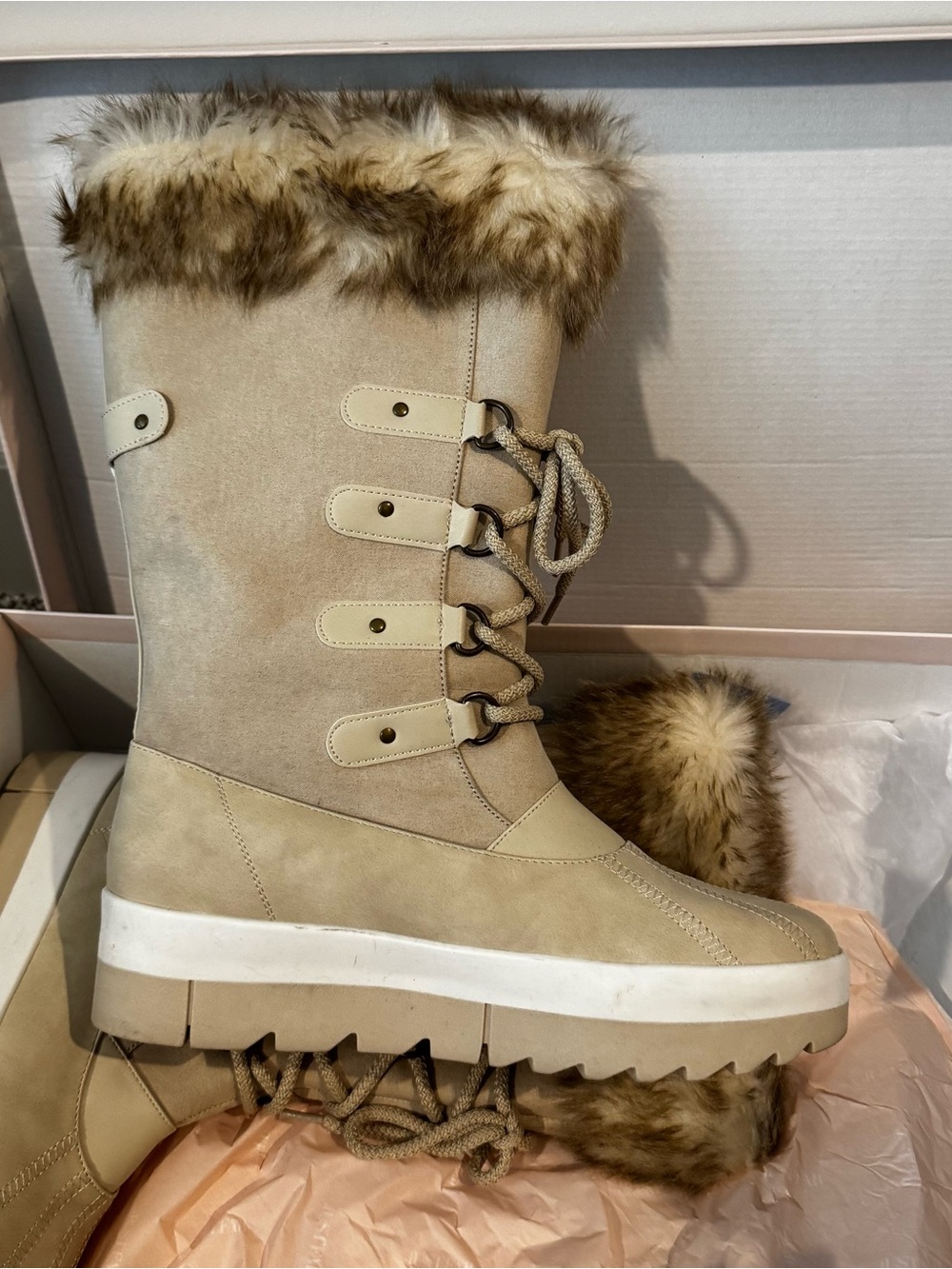 Faux Fur Tan Winter Lace-Up Boot